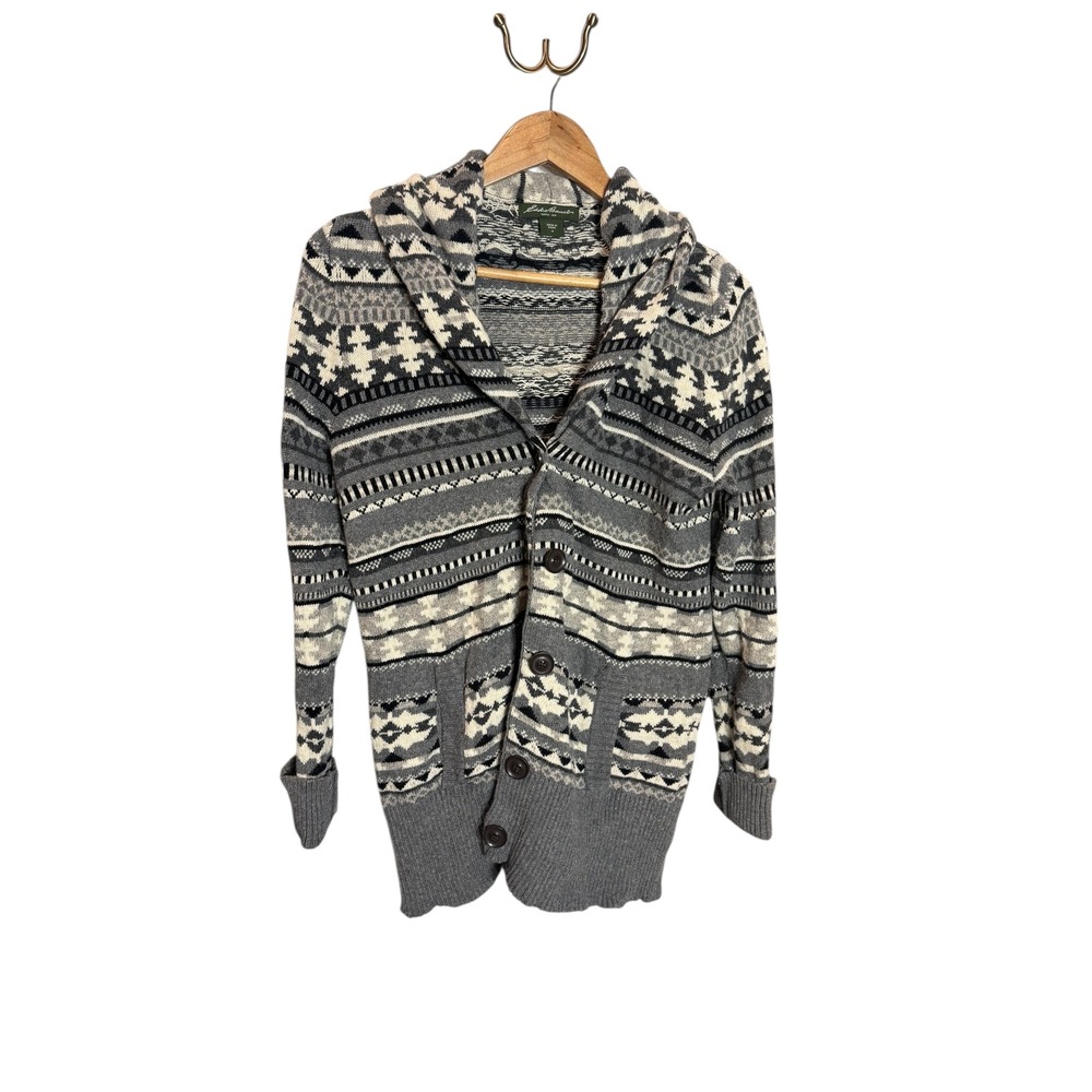 Eddie Bauer Fair Isle Geometric Pattern Hooded Cardigan Sweater Women's Medium